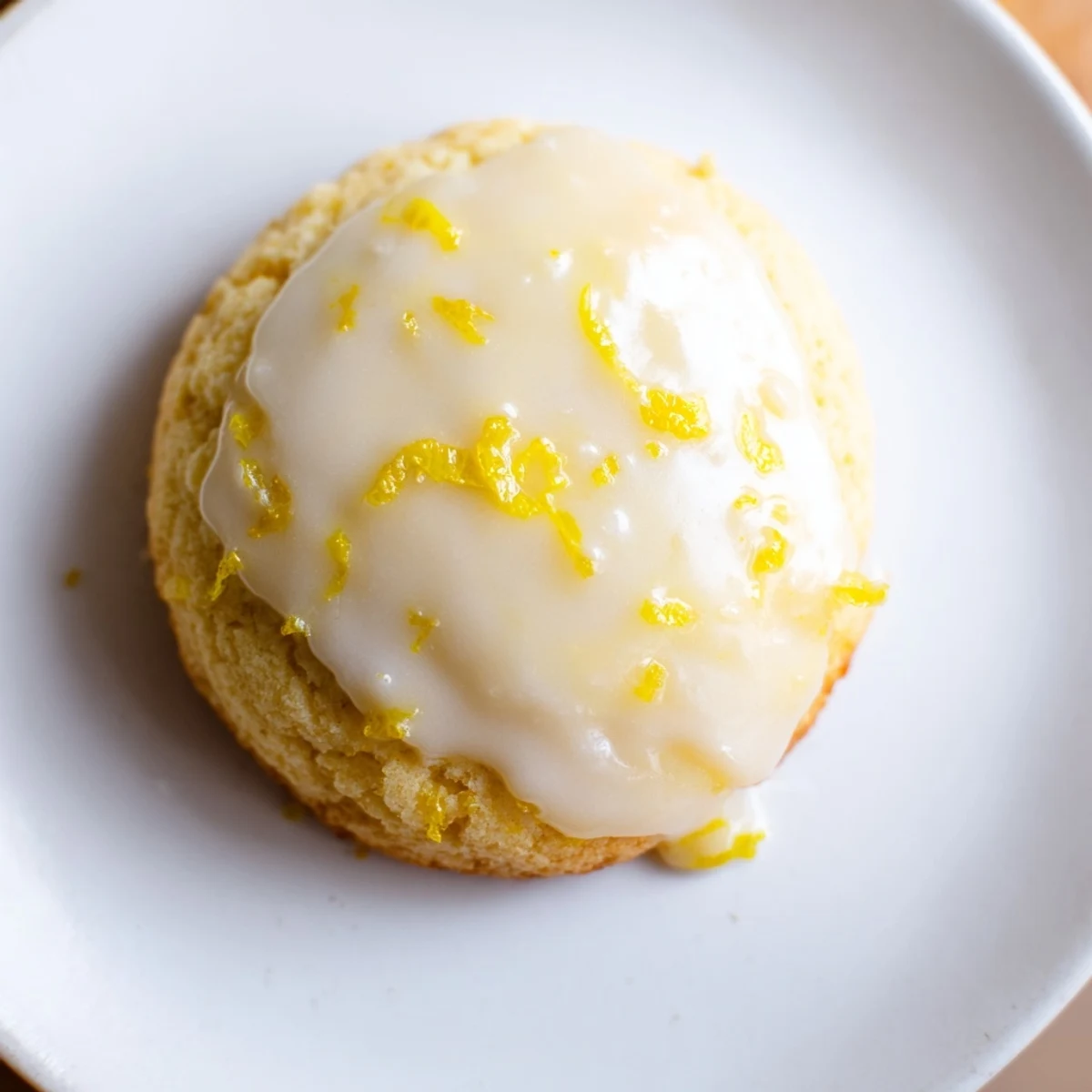 A close-up of Lemon Ricotta Cookies with Glaze showing a soft, cake-like texture and a bright drizzle of lemon icing on top.