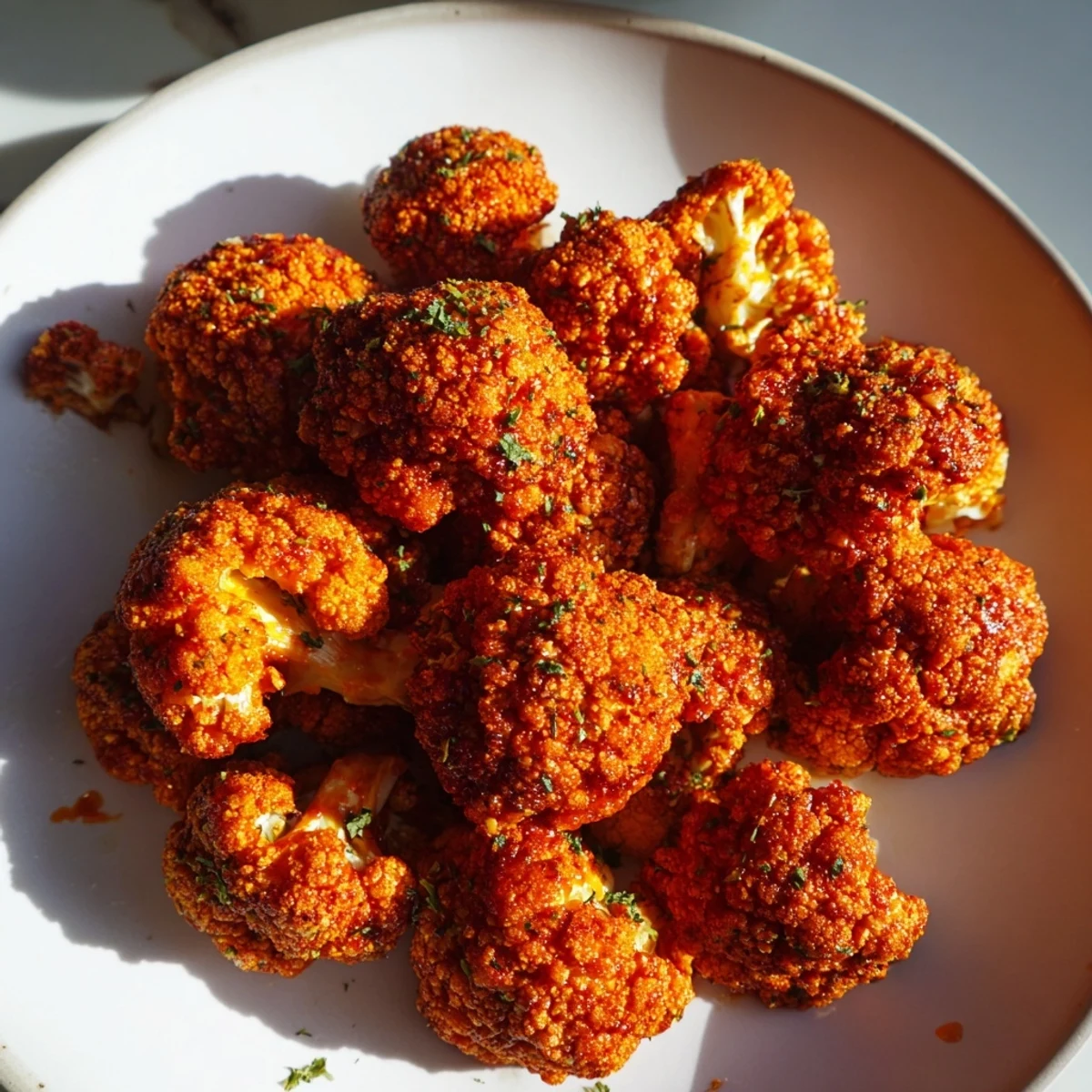 Golden-brown, crispy Spicy Buffalo Cauliflower Bites fresh from the oven, coated in a vibrant red tangy sauce.