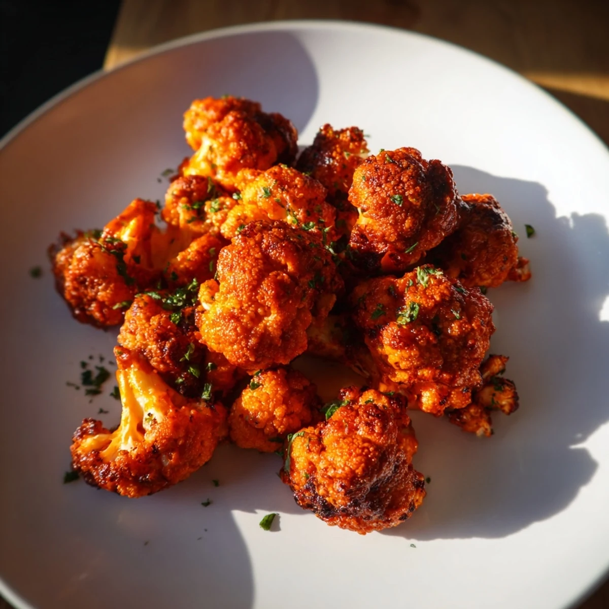 A close-up view of Spicy Buffalo Cauliflower Bites glistening with buffalo sauce, garnished with fresh parsley.