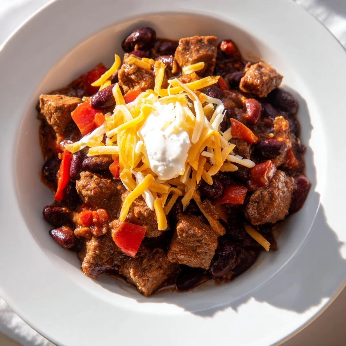 A bowl of Slow Cooker Beef Chili with Beans, topped with shredded cheddar, sour cream, and fresh cilantro.