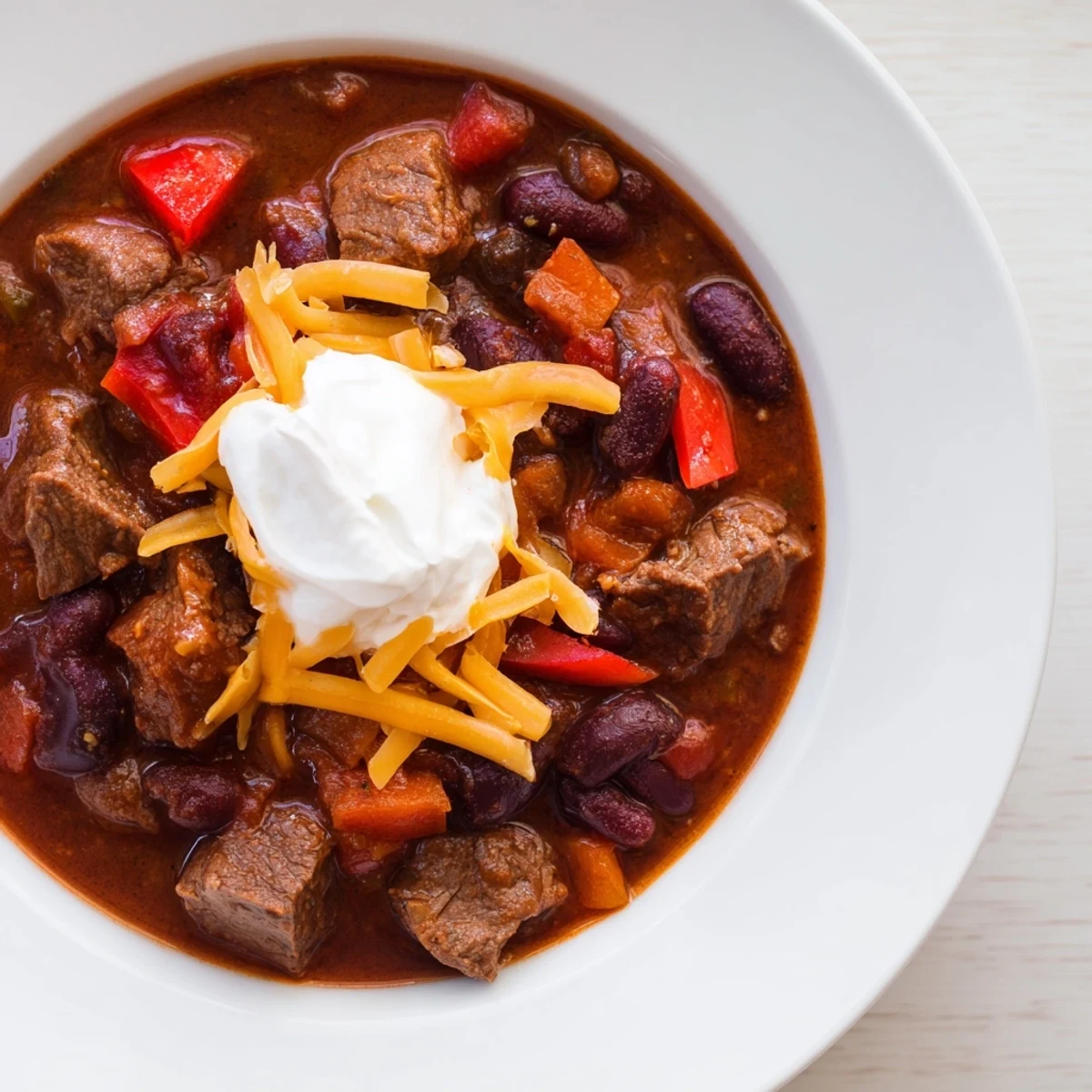Slow Cooker Beef Chili with Beans simmering in a ceramic bowl, showcasing tender beef and hearty beans in rich tomato broth.