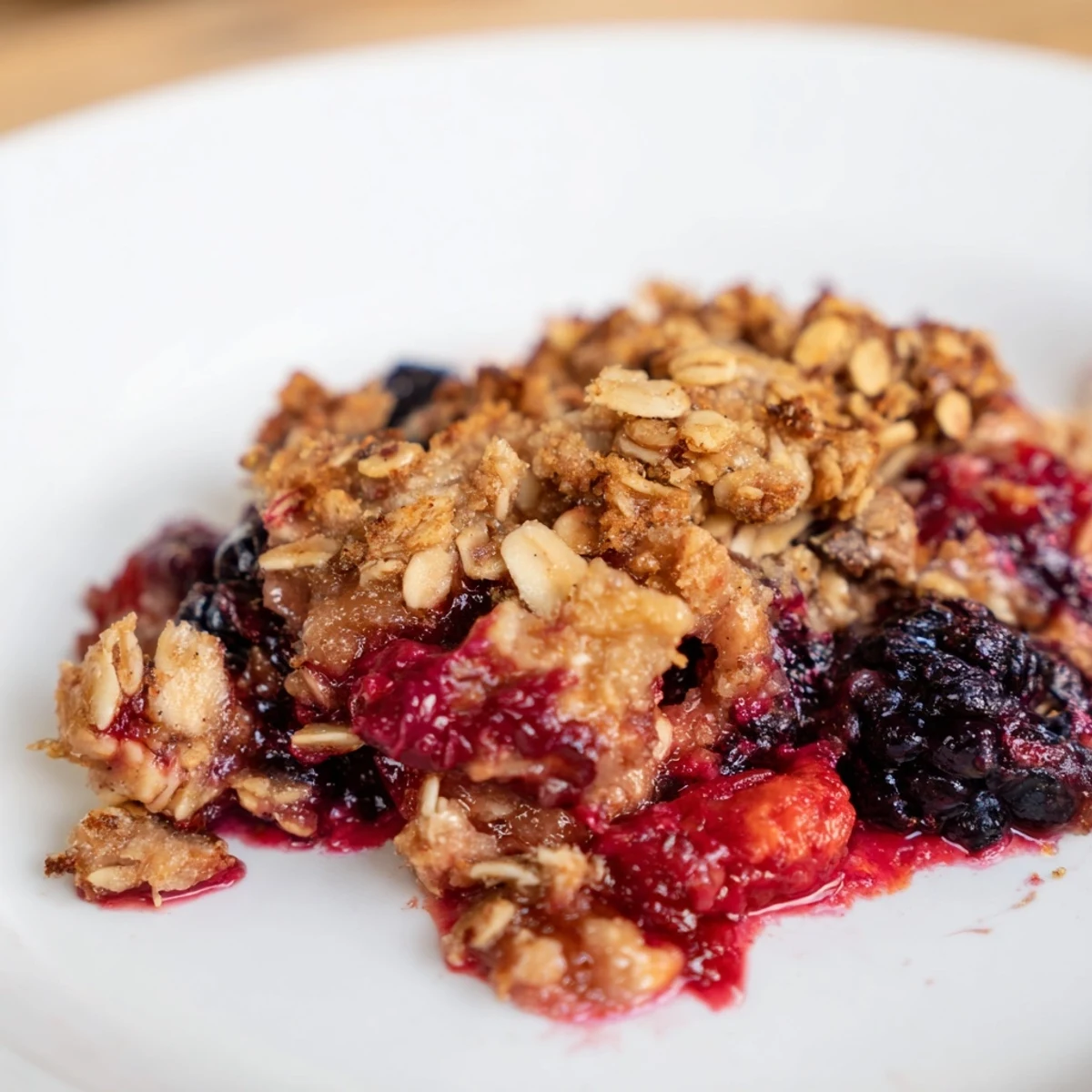 A close-up view of Winter Berry Crumble with Oats, showcasing bubbling berries beneath a golden, crunchy oat topping.