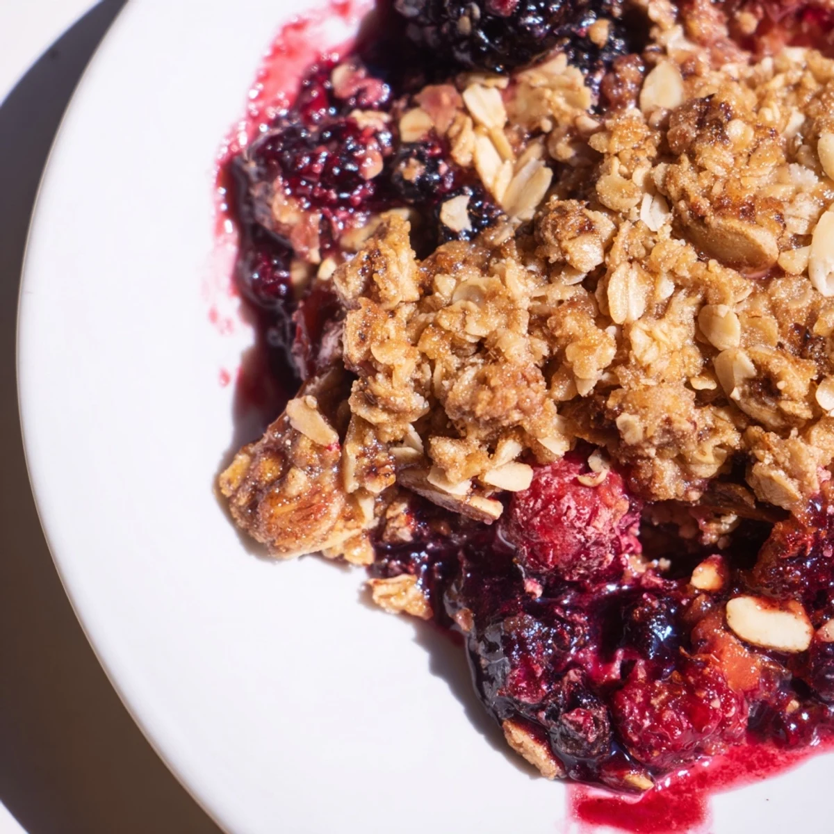 Steam rises from a warm serving of Winter Berry Crumble with Oats, ready to be topped with vanilla ice cream.