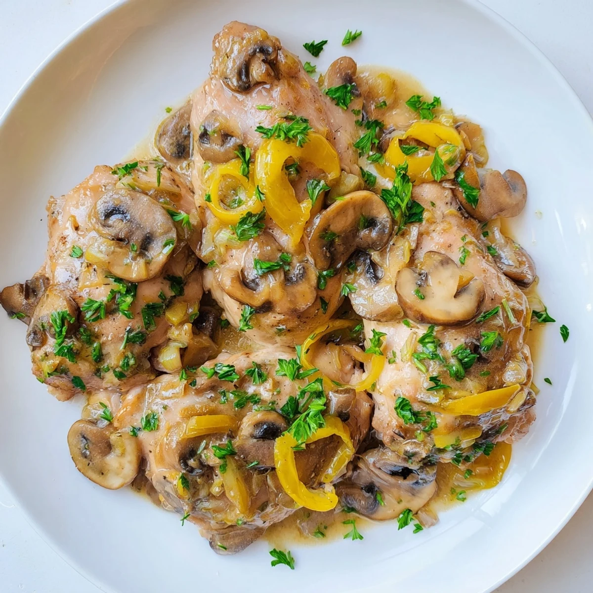 Tender chicken thighs bathed in a creamy garlic mushroom sauce, served steaming in a rustic skillet for a comforting dinner.  