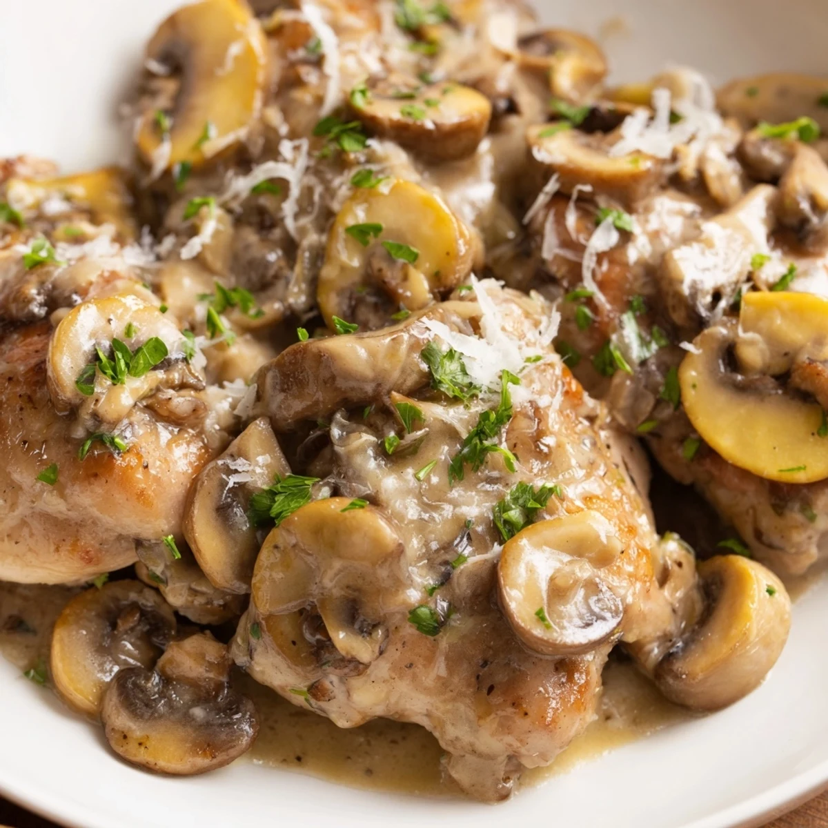 Sizzling golden chicken thighs with sautéed mushrooms and garlic cloves simmering in a rich, velvety parmesan cream sauce.  
