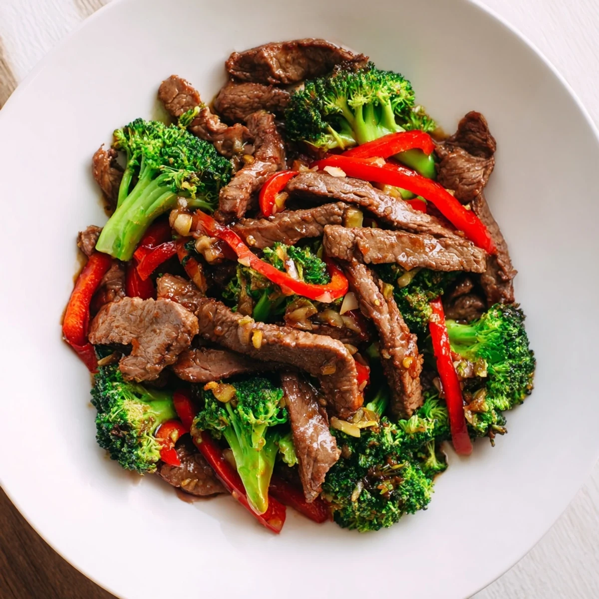 This Beef and Broccoli Stir Fry with Garlic Sauce is plated over white rice, with sesame seeds adding a nutty finish.  