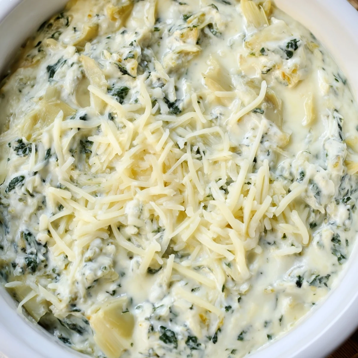 A close-up of Creamy Spinach and Artichoke Dip in a rustic serving dish, surrounded by crunchy baguette slices and colorful vegetable sticks.