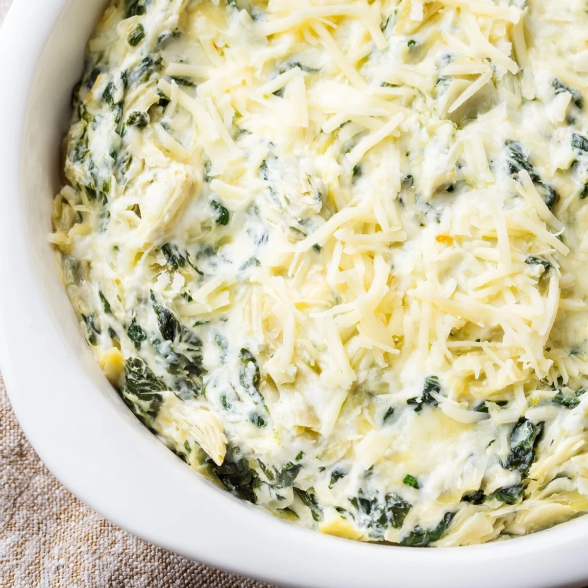 Freshly baked Creamy Spinach and Artichoke Dip straight from the oven, featuring tender spinach leaves and chopped artichoke hearts in a golden cheese crust.