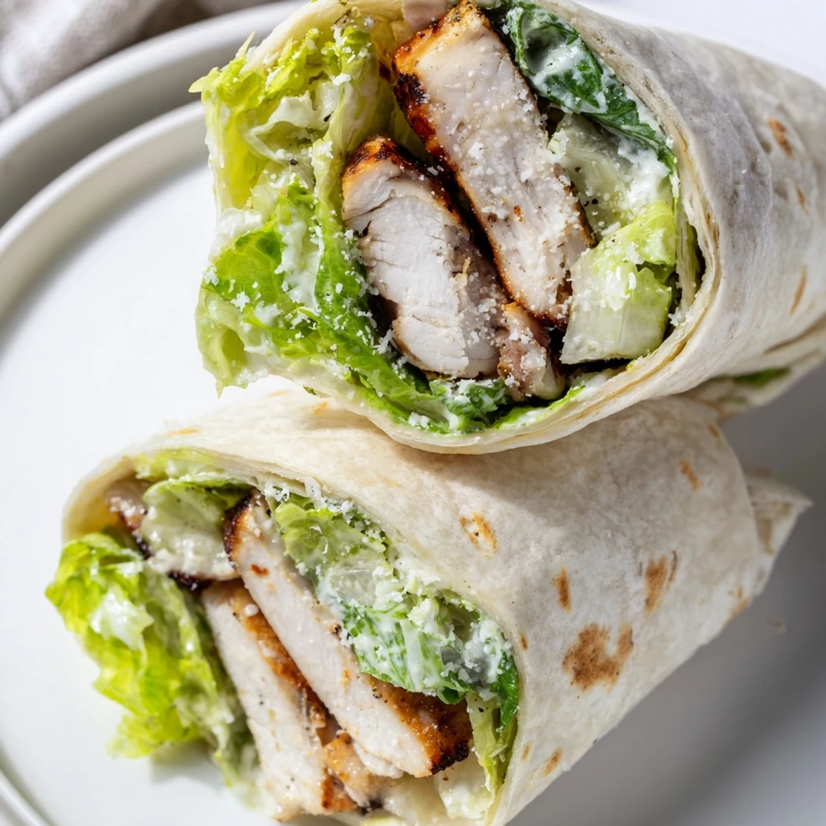A freshly made Chicken Caesar Wrap with sliced grilled chicken, crisp romaine, and shaved Parmesan cheese on a soft tortilla.