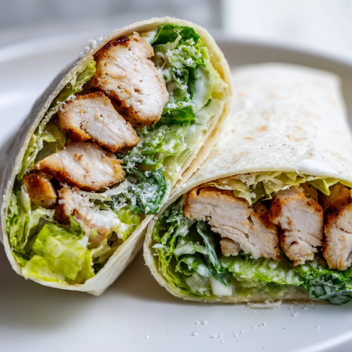 Golden sliced grilled chicken rests atop creamy Caesar dressed romaine in this easy Chicken Caesar Wrap, perfect for lunch.