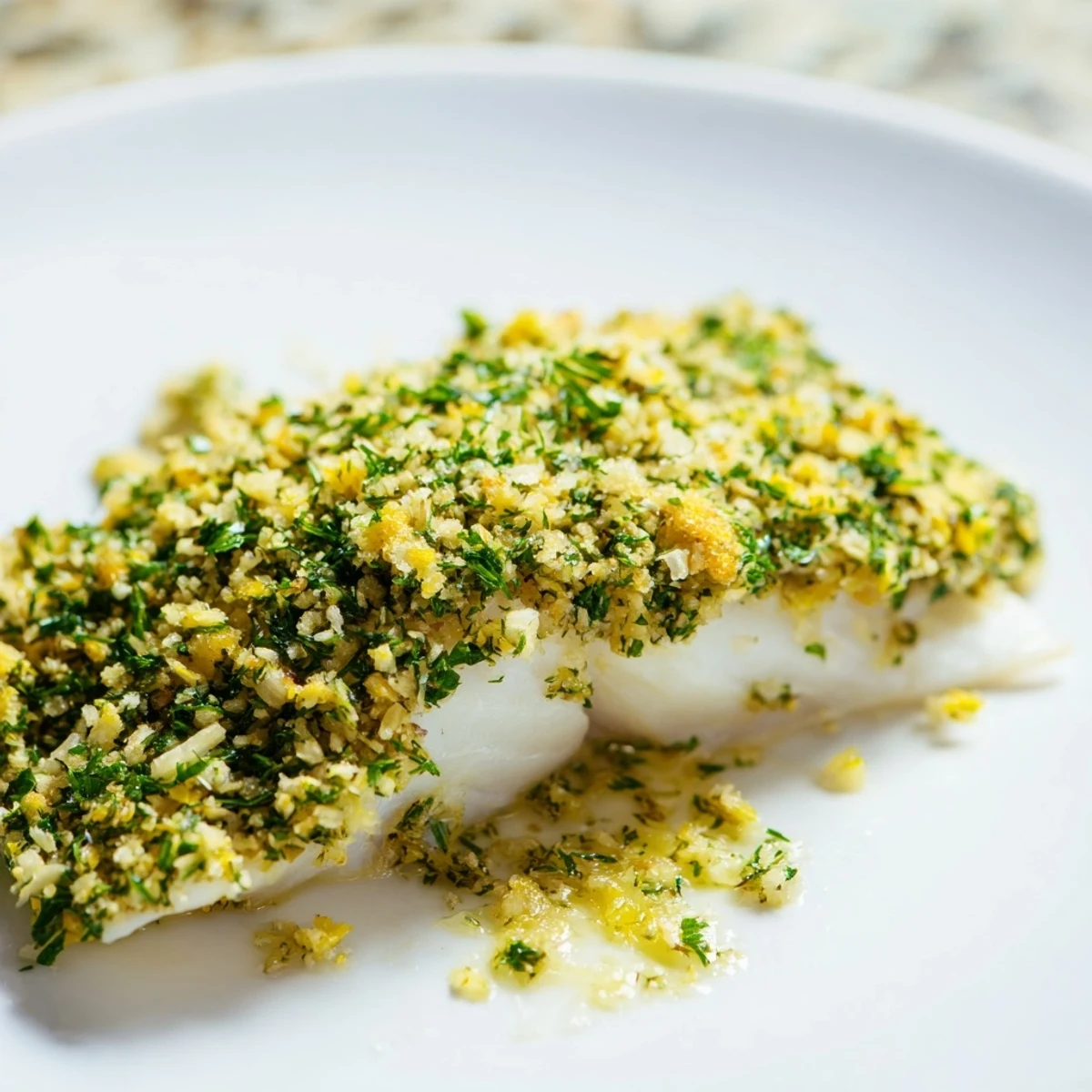 A plated serving of Baked Hake with Lemon and Herb Crust, garnished with lemon wedges, pairs beautifully with steamed green beans for a healthy dinner.