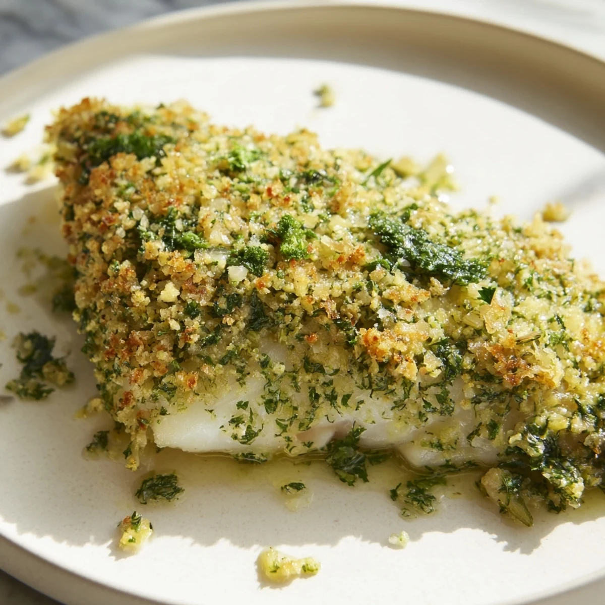 Sizzling from the oven, Baked Hake with Lemon and Herb Crust shows a crispy, aromatic crust on flaky fillets, perfect for a cozy weeknight meal.