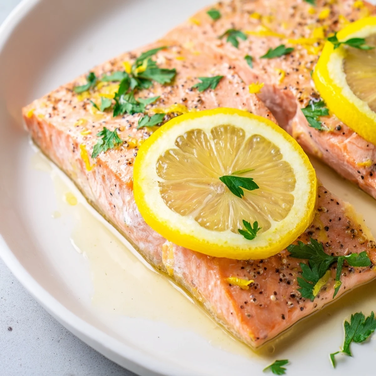 Flaky, perfectly baked salmon with lemon slices and fresh parsley garnish for a healthy dinner. 