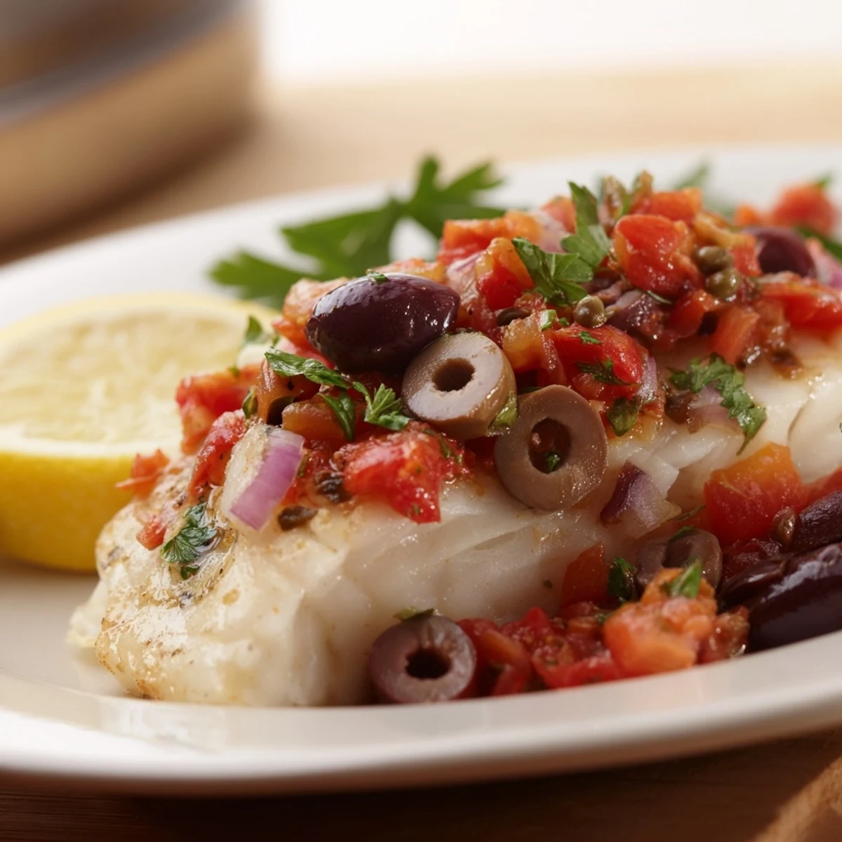 Tender baked cod fillets topped with a vibrant tomato and olive salsa, served hot on a white plate with lemon slices.