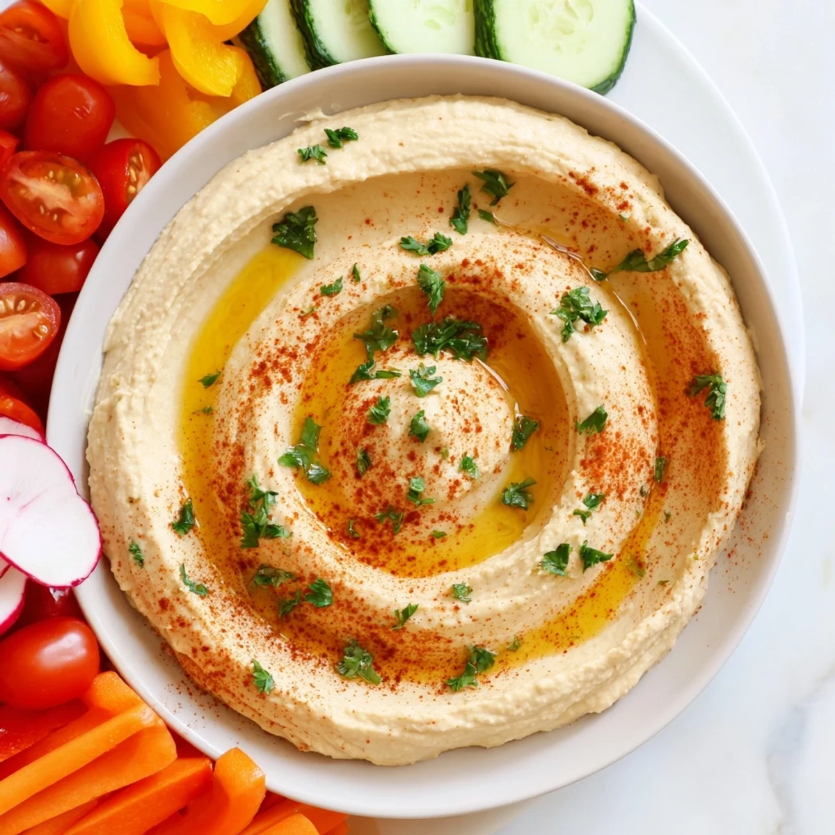 A vibrant Mediterranean Hummus Platter with creamy hummus, crisp cucumber slices, and bright cherry tomatoes, all ready for dipping and sharing.