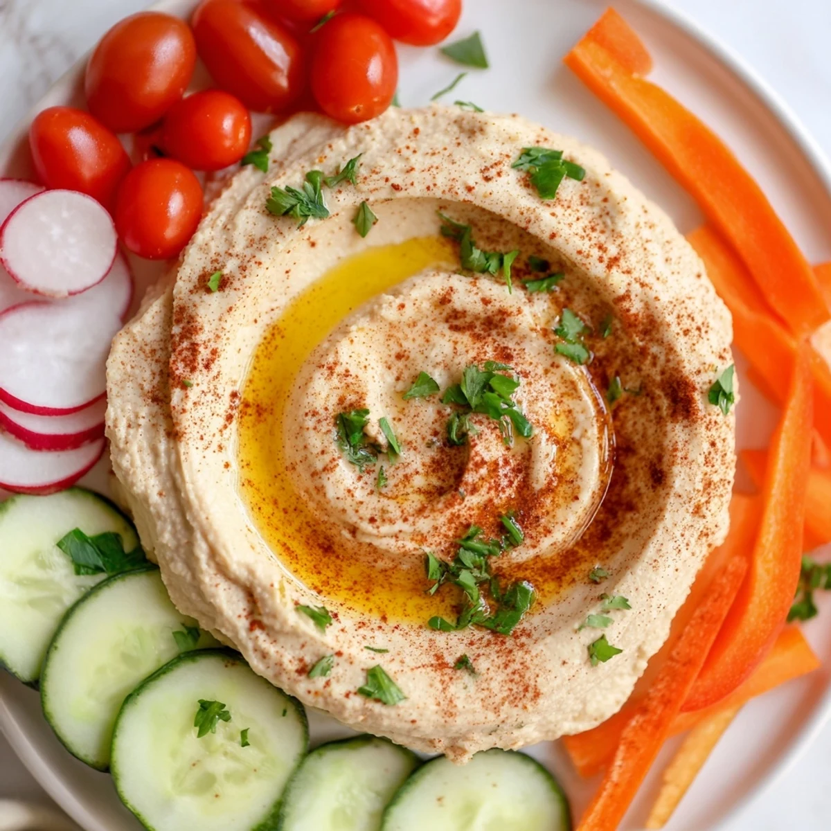 Fresh vegetable sticks and Kalamata olives surround a swirl of smooth hummus on this colorful, crowd-pleasing Mediterranean Hummus Platter.