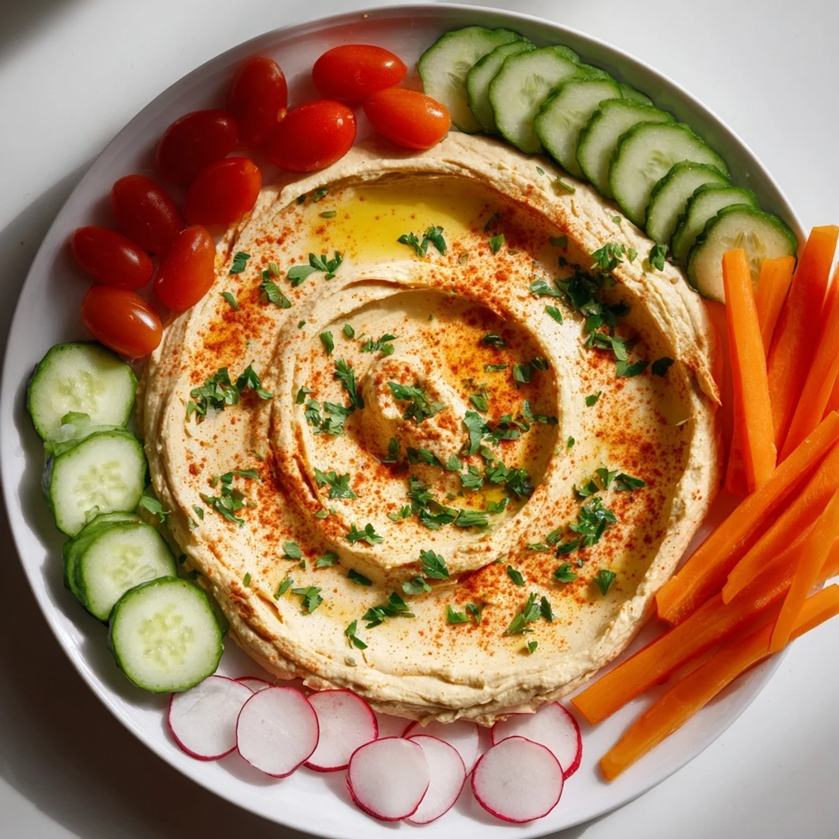 This easy, vegan Mediterranean Hummus Platter features artichoke hearts, radishes, and pita wedges for a perfect appetizer spread.