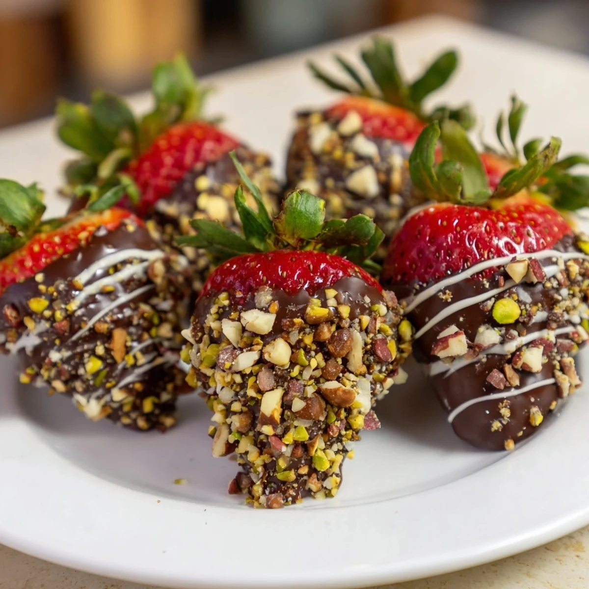 Close-up of Chocolate Dipped Strawberries with Nuts showing juicy red berries, rich cocoa coating, and hazelnut pieces against a dark rustic background.