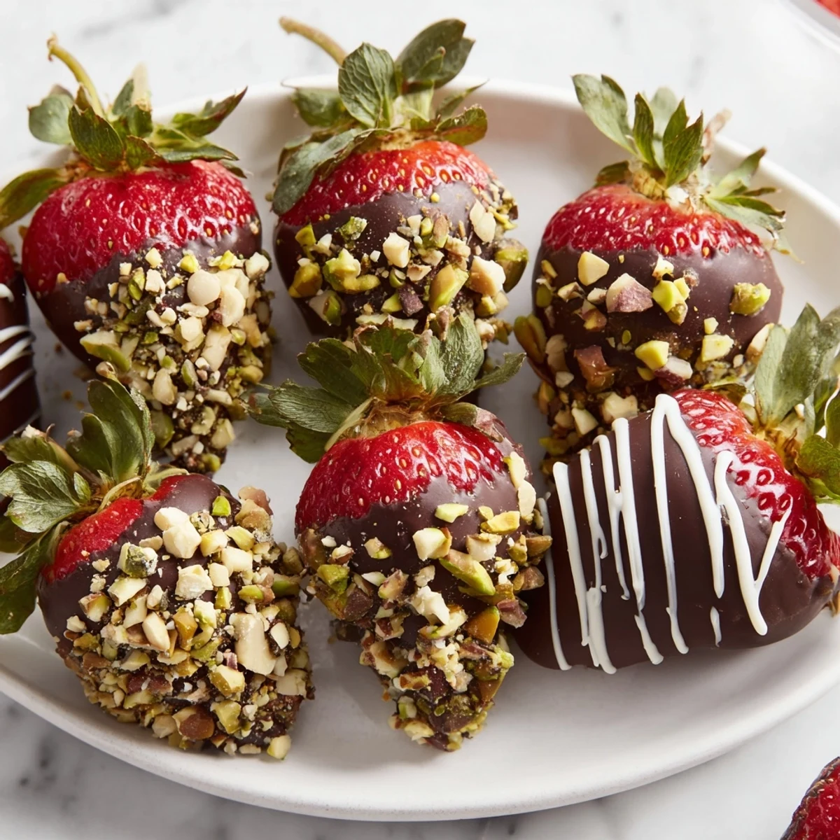 Whole Chocolate Dipped Strawberries with Nuts arranged on parchment paper, some drizzled with white chocolate, ready for a romantic date night.