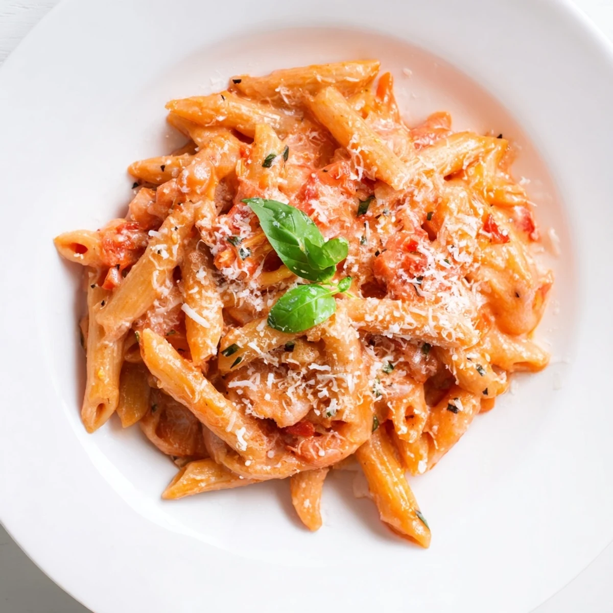A close-up of creamy tomato pasta with fresh basil, featuring al dente penne coated in a velvety sauce and topped with torn basil leaves for a comforting vegetarian meal.  