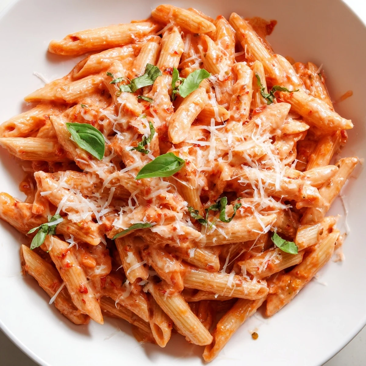 A vibrant skillet of Creamy Tomato Pasta with Fresh Basil glistens with tomato sauce and cream, garnished with fresh basil and ready to serve for a family dinner.