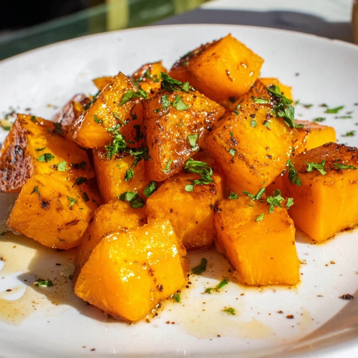 Tender cubes of roasted butternut squash glistening with a sweet maple glaze, ready to serve as a warm autumn side dish.  