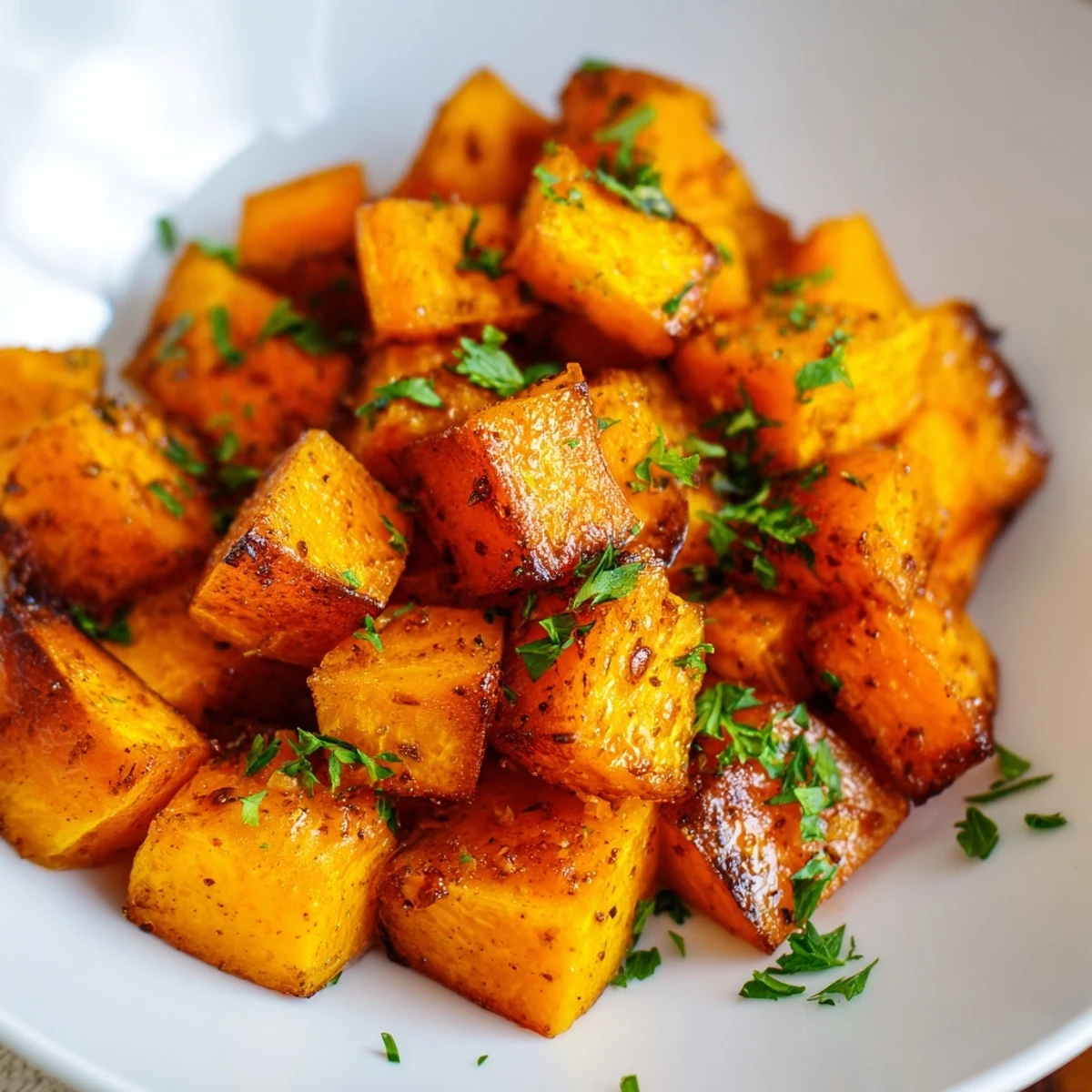 A vibrant bowl of cinnamon-spiced roasted butternut squash with a drizzle of maple syrup, ideal for a healthy vegetarian dinner.