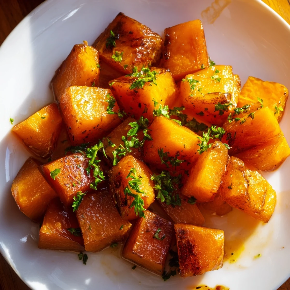 Golden-brown roasted butternut squash paired with fresh parsley on a rustic plate, perfect alongside roasted chicken or grain bowls.  
