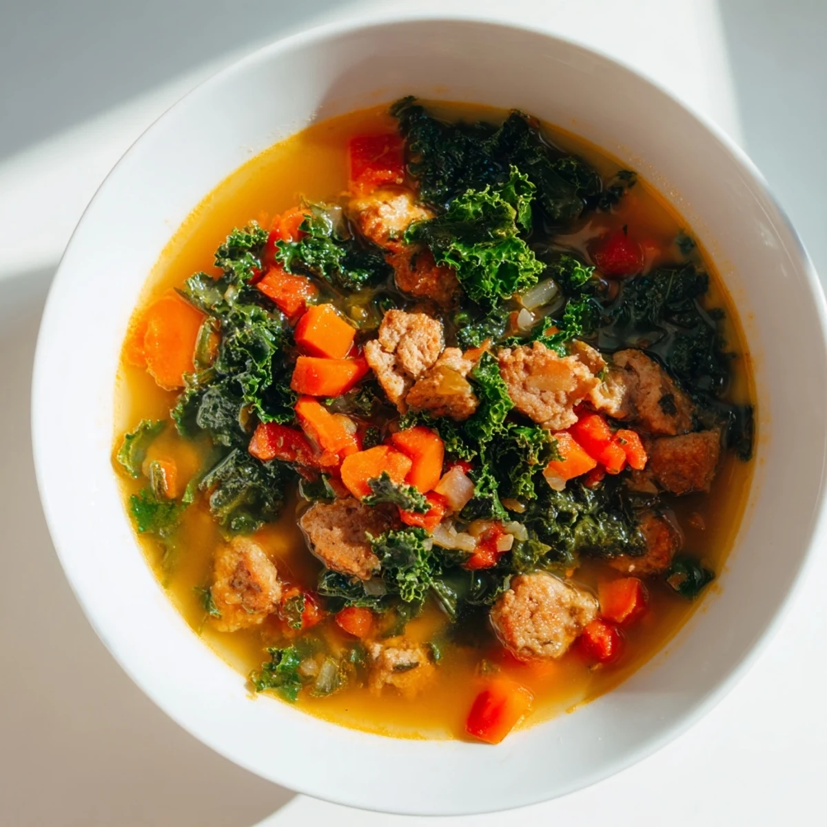 A steaming bowl of Turkey Sausage and Kale Soup, featuring chunky vegetables and fresh parsley garnish on a rustic wooden table.  