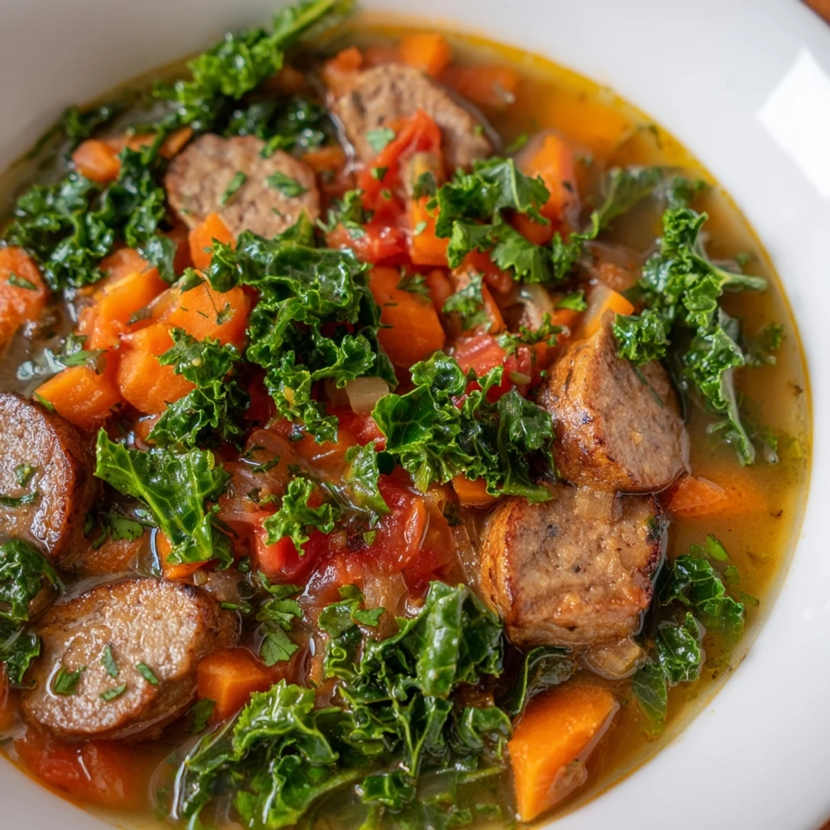 Close-up of Turkey Sausage and Kale Soup ladled into a bowl, showcasing vibrant greens and golden sausage pieces.