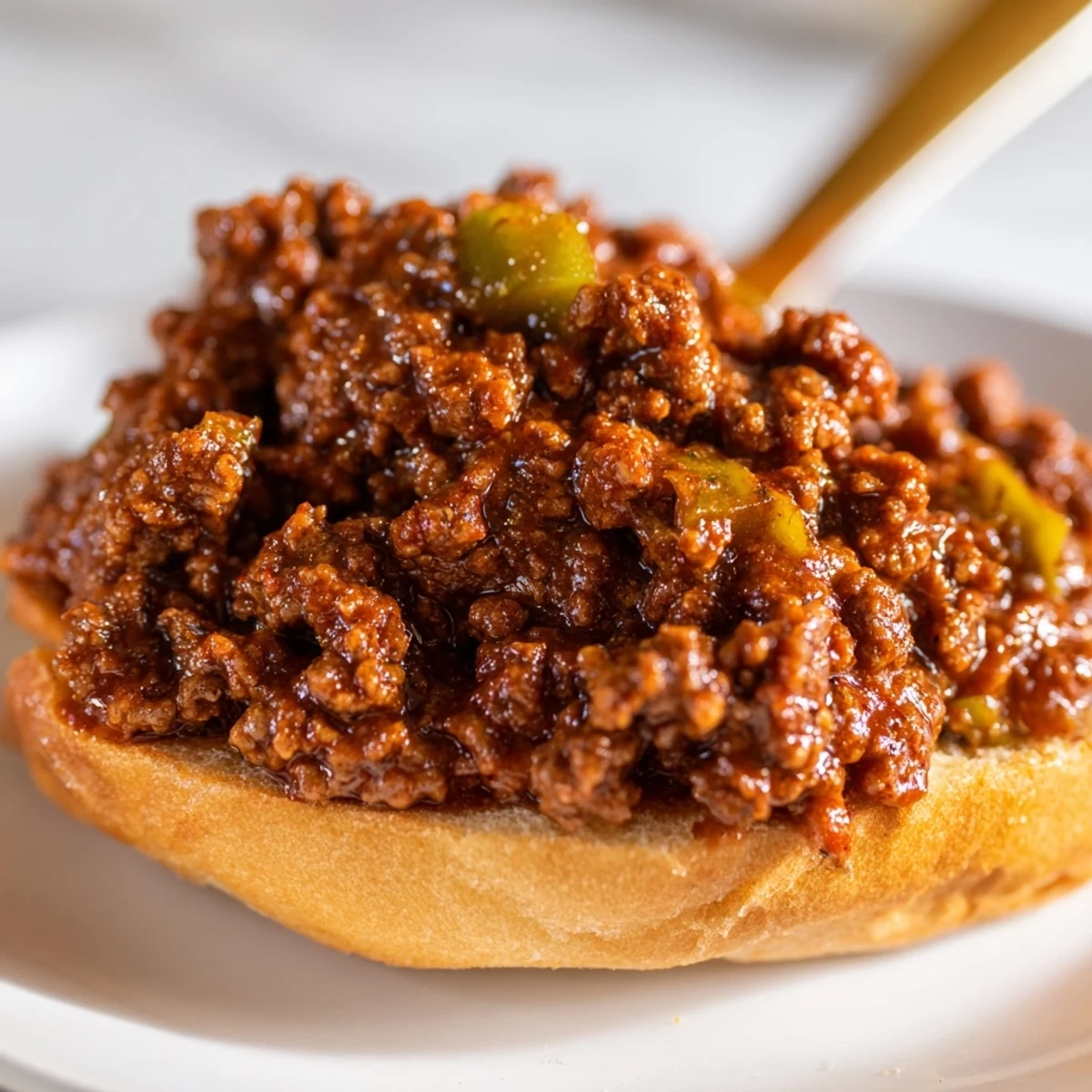 Savory ground beef simmering in tomato sauce with onions and peppers, spooned generously onto a soft hamburger bun.