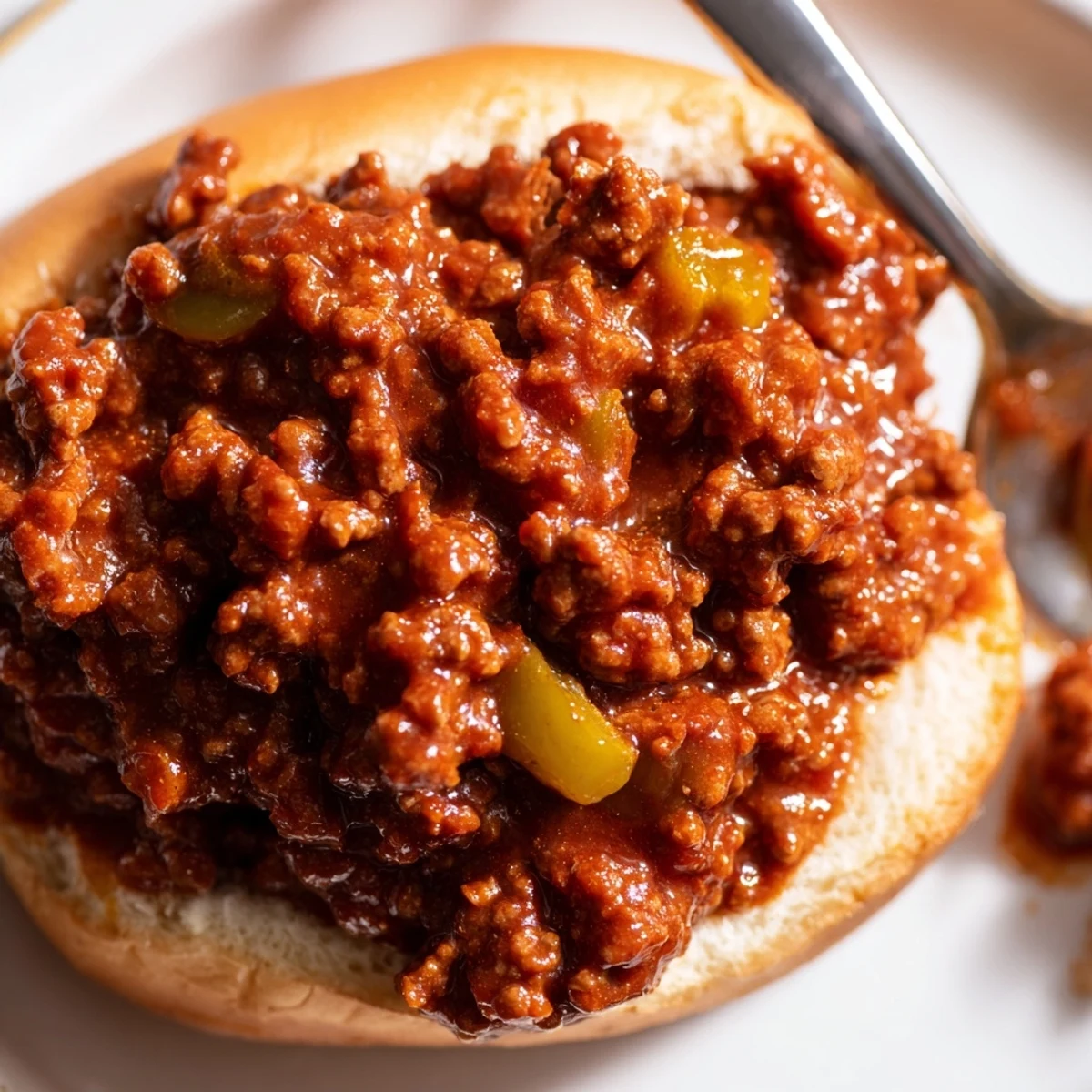 Classic homemade Beef Sloppy Joes on a toasted bun, garnished with pickles and served alongside crispy golden potato chips.