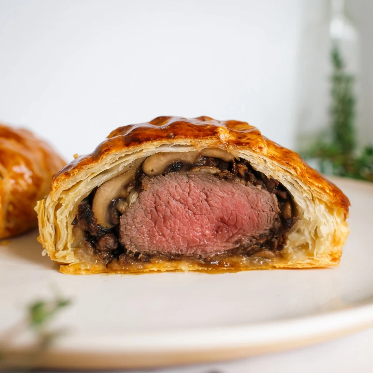 Golden-brown Mini Beef Wellingtons on a wooden serving board, showcasing flaky puff pastry wrapped around tender fillet and mushroom paste.