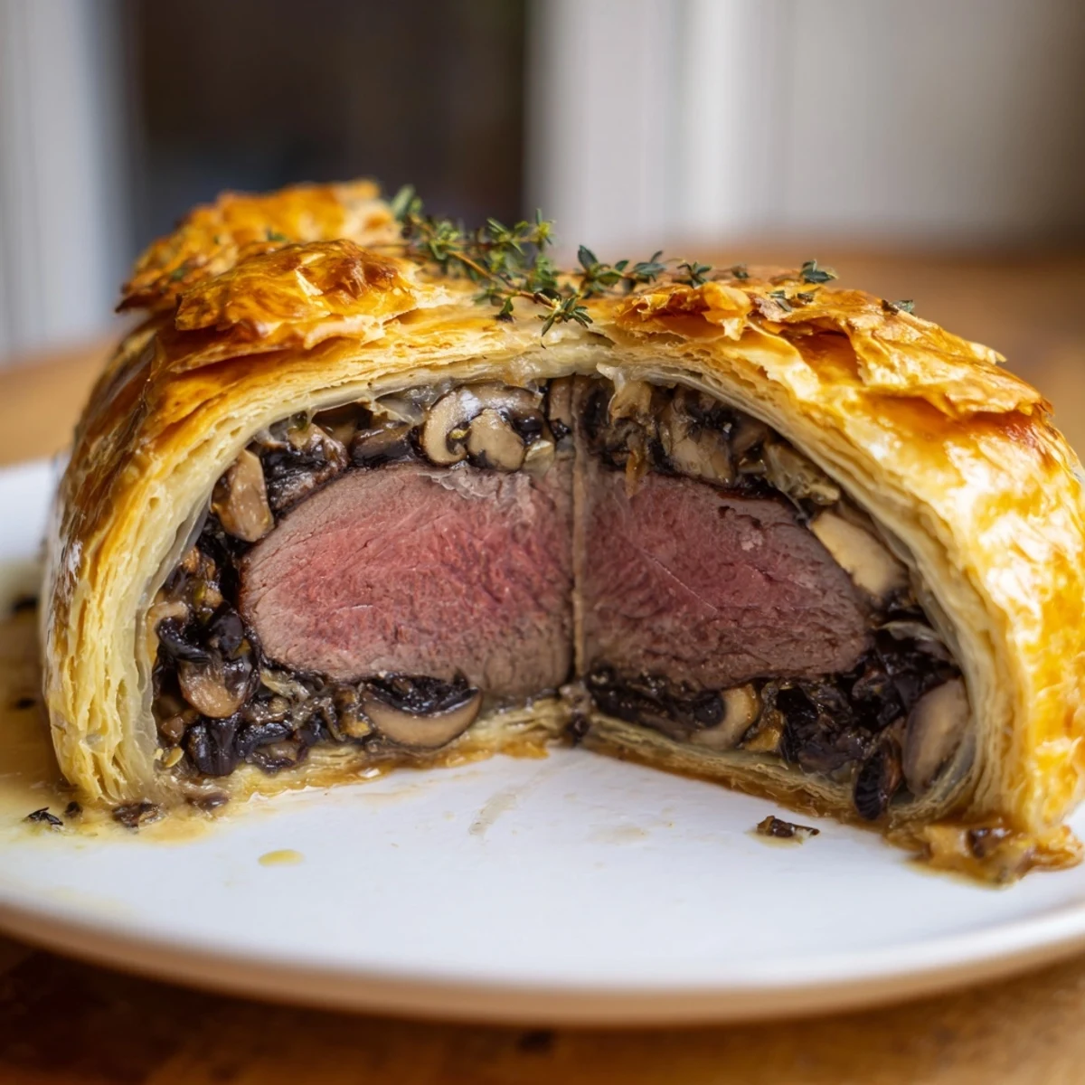 Freshly baked Mini Beef Wellingtons resting on a baking sheet, with golden pastry, prosciutto layers, and savory mushroom filling visible.