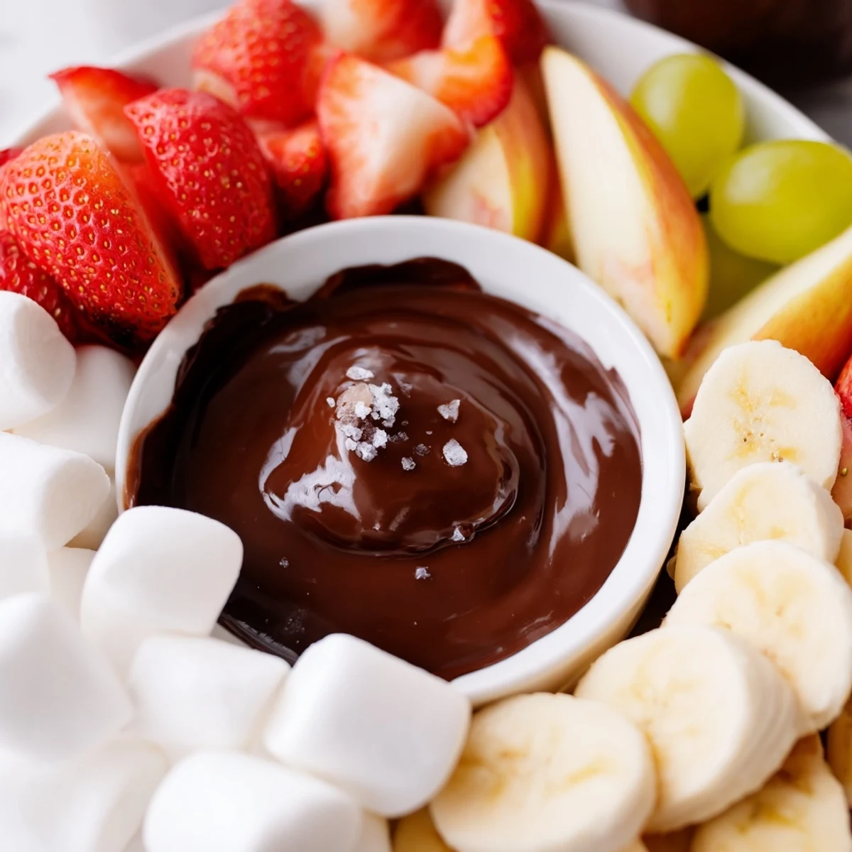 Creamy, silky chocolate fondue with marshmallows and fresh fruit for a romantic dip.
