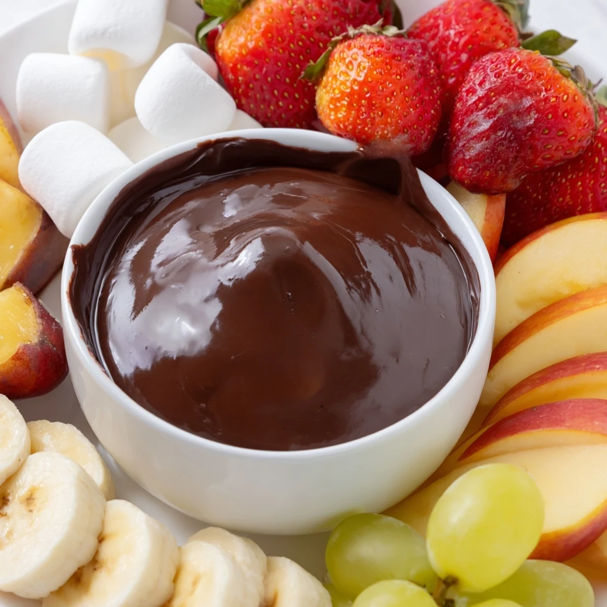 Romantic chocolate fondue with marshmallows and strawberries on a cozy dessert platter.