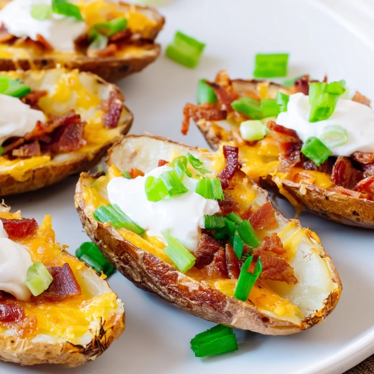 Golden baked Loaded Potato Skins with Cheddar and Beef Bacon, topped with a cool dollop of sour cream and fresh scallions.