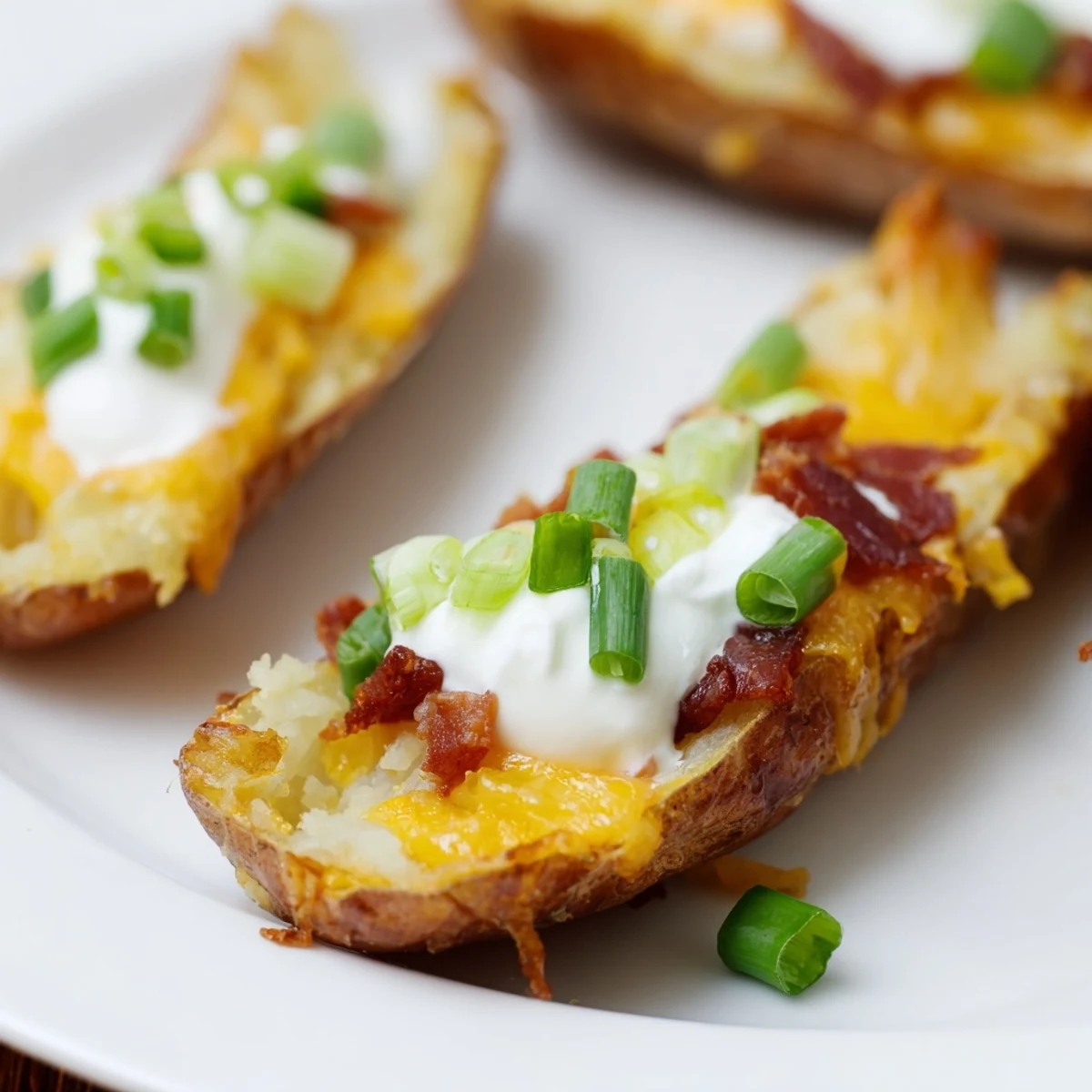 A close-up of Loaded Potato Skins with Cheddar and Beef Bacon, showcasing melted cheese, crispy beef bacon, and a golden baked edge.