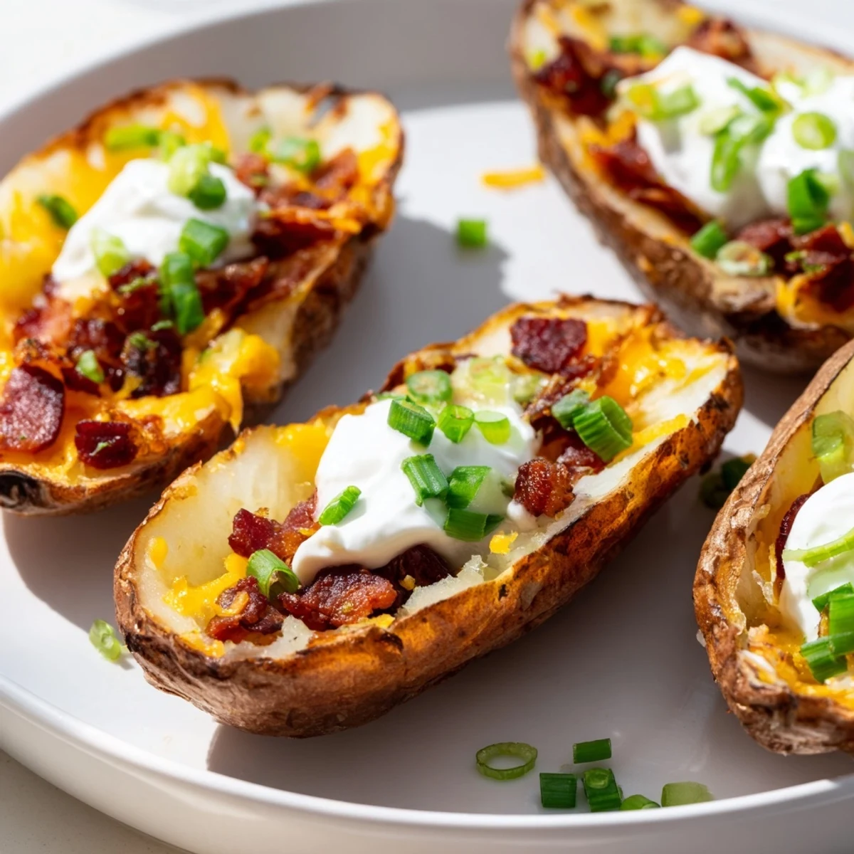 Ready-to-serve Loaded Potato Skins with Cheddar and Beef Bacon, perfect for a game-day spread or a hearty appetizer platter.