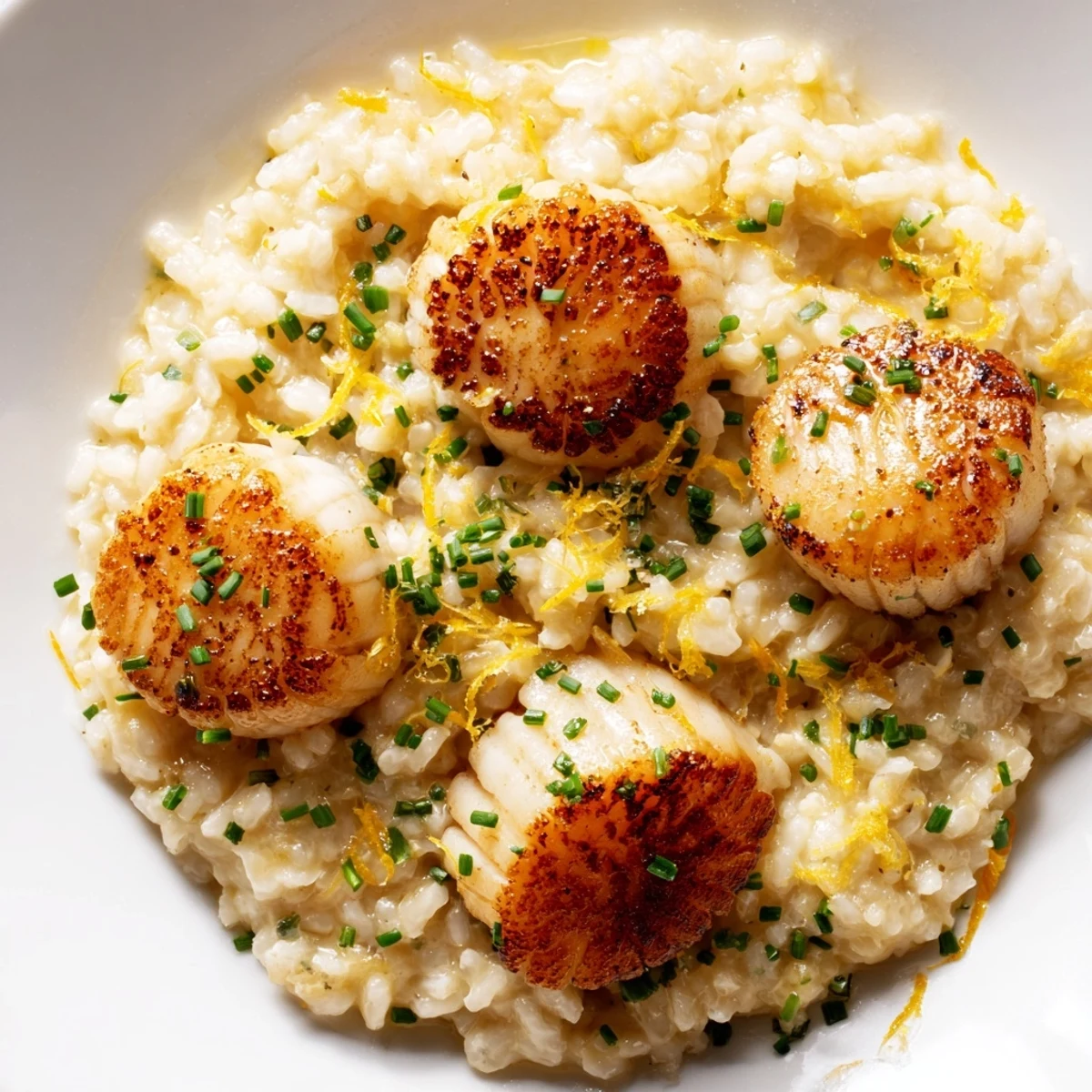 Golden-brown pan-seared scallops rest atop a creamy, zesty lemon butter risotto, garnished with fresh chives and lemon wedges.