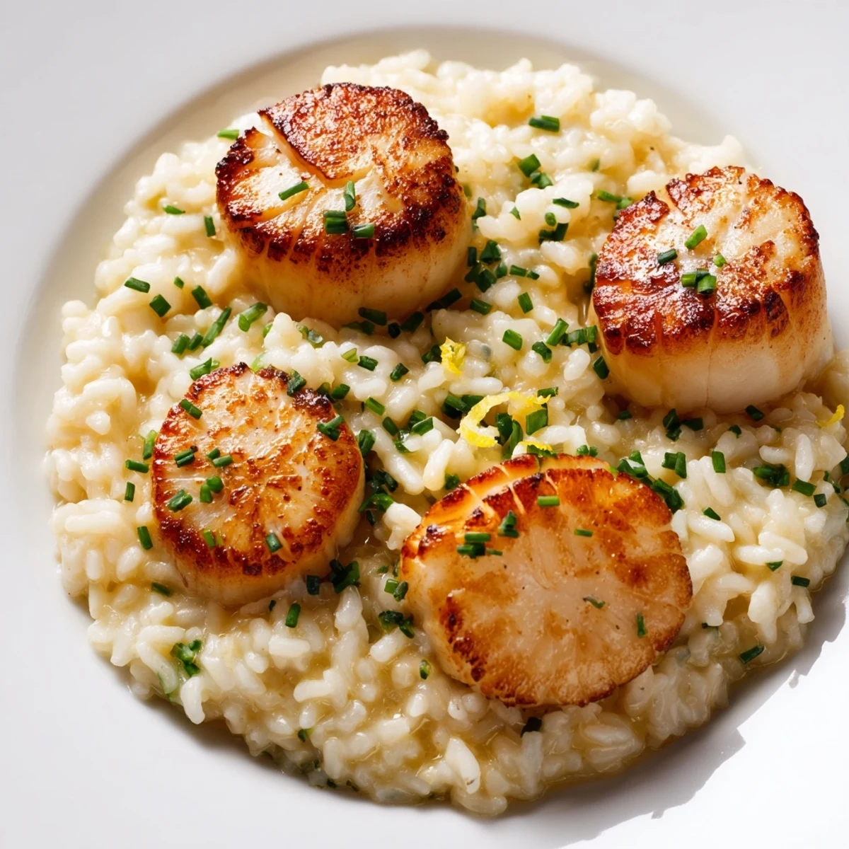 A close-up view showcases the perfectly seared scallops paired with a spoonful of vibrant lemon butter risotto.