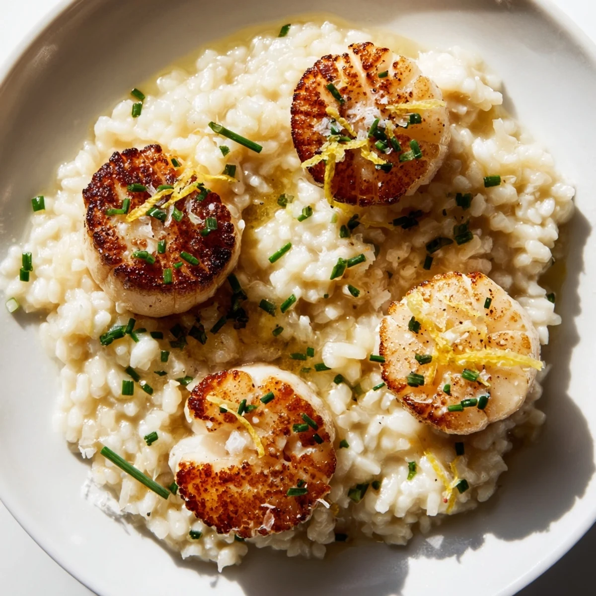 Elegant dinner plates feature succulent scallops and creamy risotto, finished with a garnish of fresh herbs and lemon.