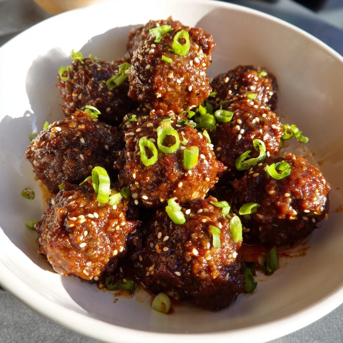 Glossy Spicy Sriracha Beef Meatballs with Sesame Seeds shine on a platter, garnished with fresh green onions.