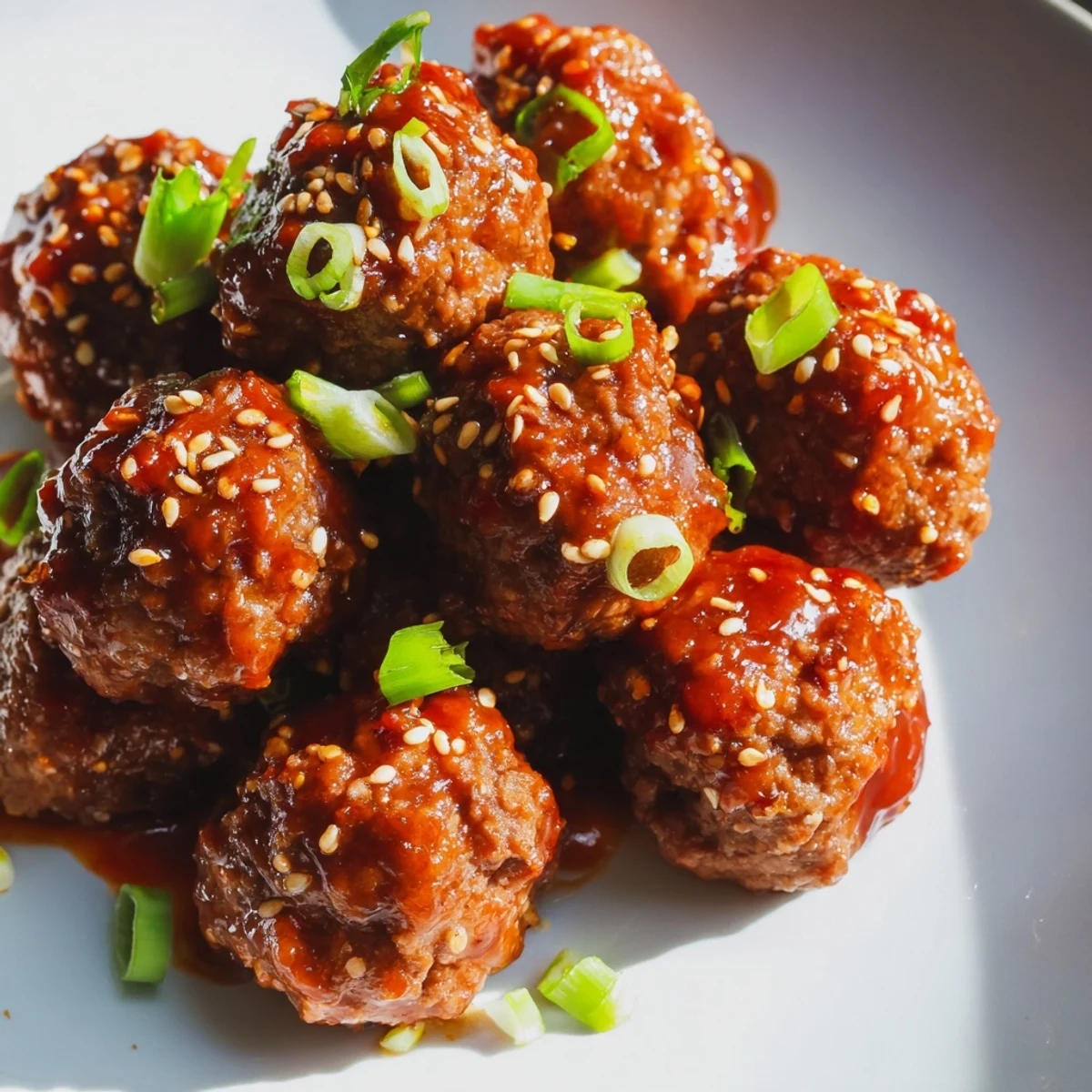 Golden-brown Spicy Sriracha Beef Meatballs glazed in a shiny sauce, served over steamed rice for dinner.