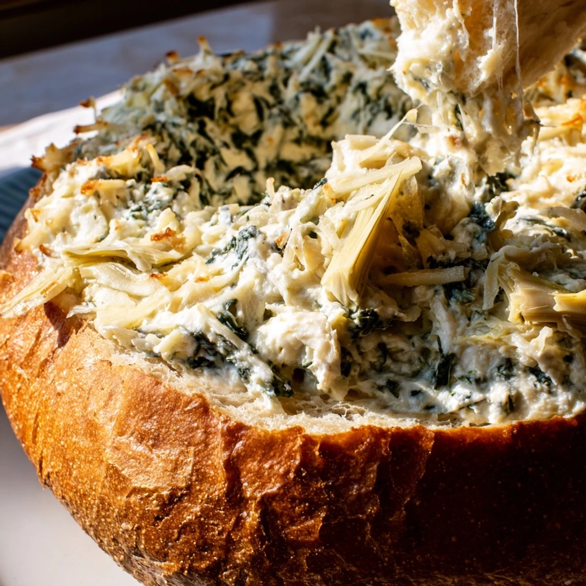 Golden, bubbly Creamy Spinach and Artichoke Dip fills a rustic sourdough bread bowl, garnished with fresh parsley.  