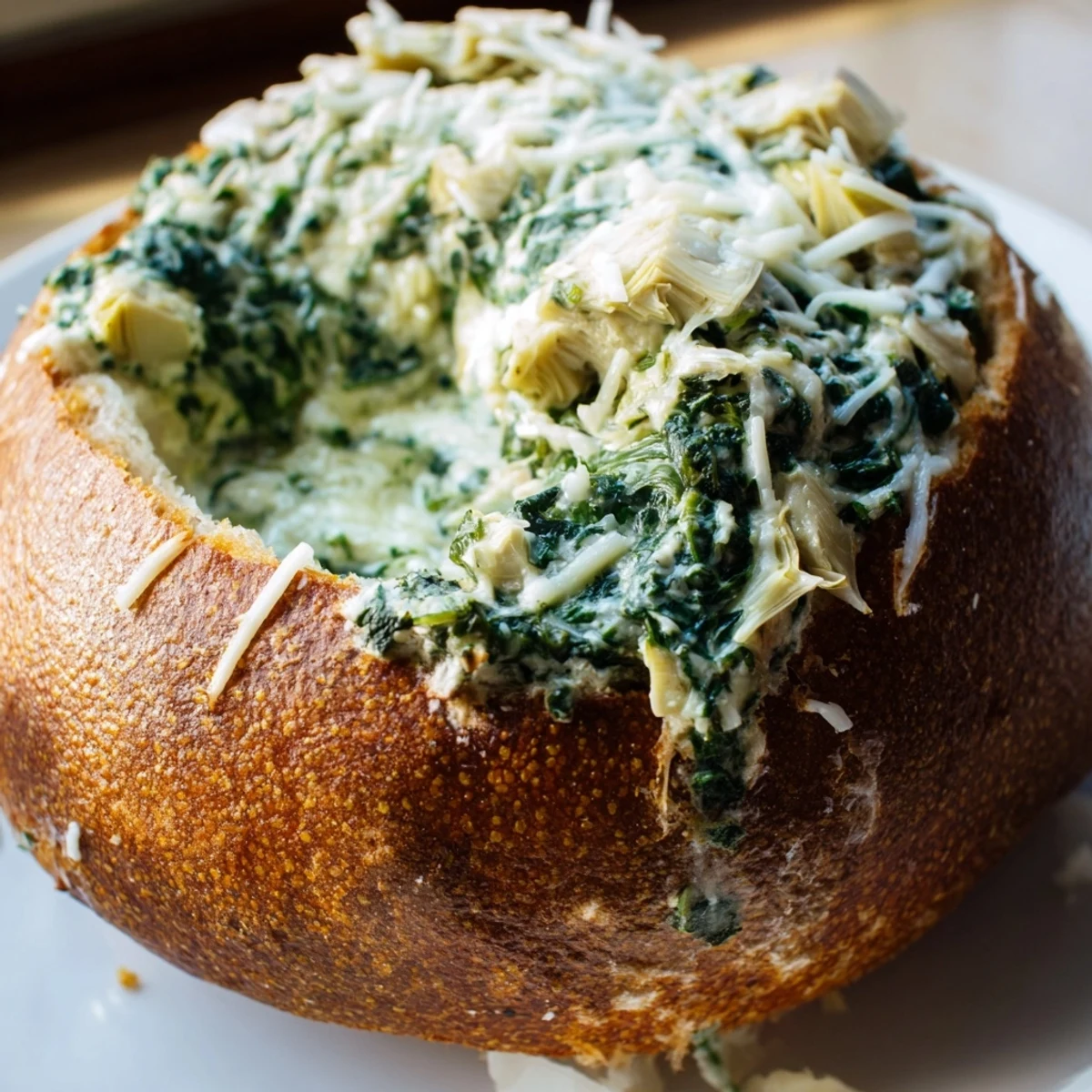 A close-up of Creamy Spinach and Artichoke Dip in a bread bowl, steam rising, with dippers ready.  