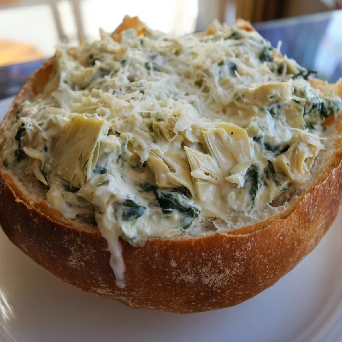 Warm Creamy Spinach and Artichoke Dip in a crusty bread bowl, topped with melted cheese, served at a party.