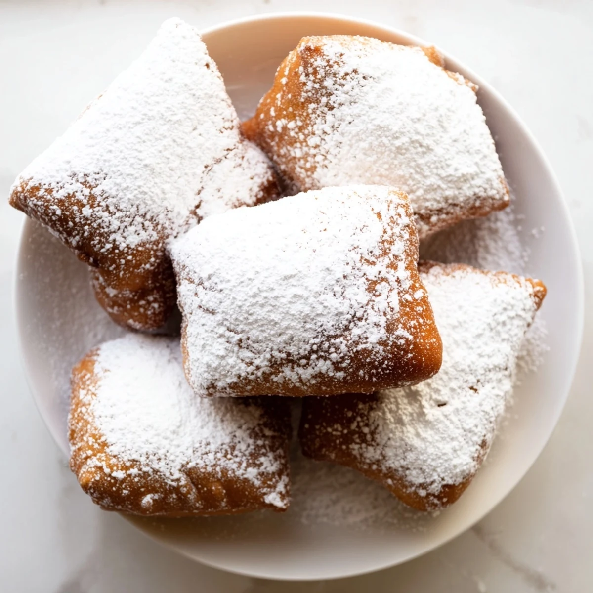 Golden-brown New Orleans style beignets covered in powdered sugar, served warm alongside a steaming cup of café au lait.