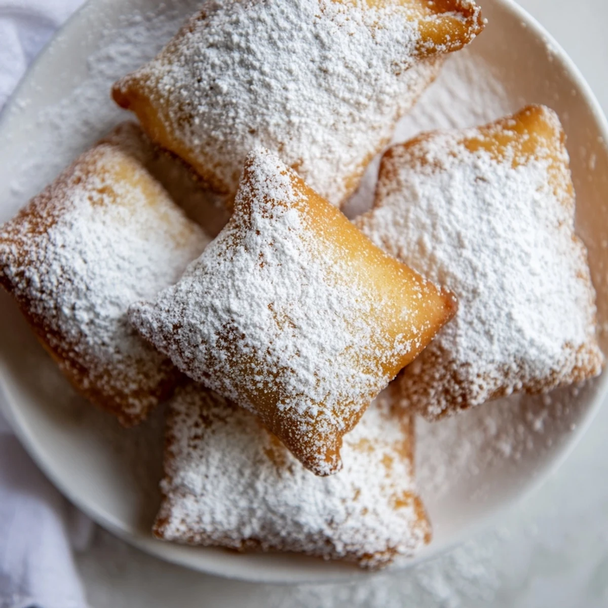 Freshly fried pillowy dough squares with a sweet dusting of powdered sugar on a rustic wooden serving board.