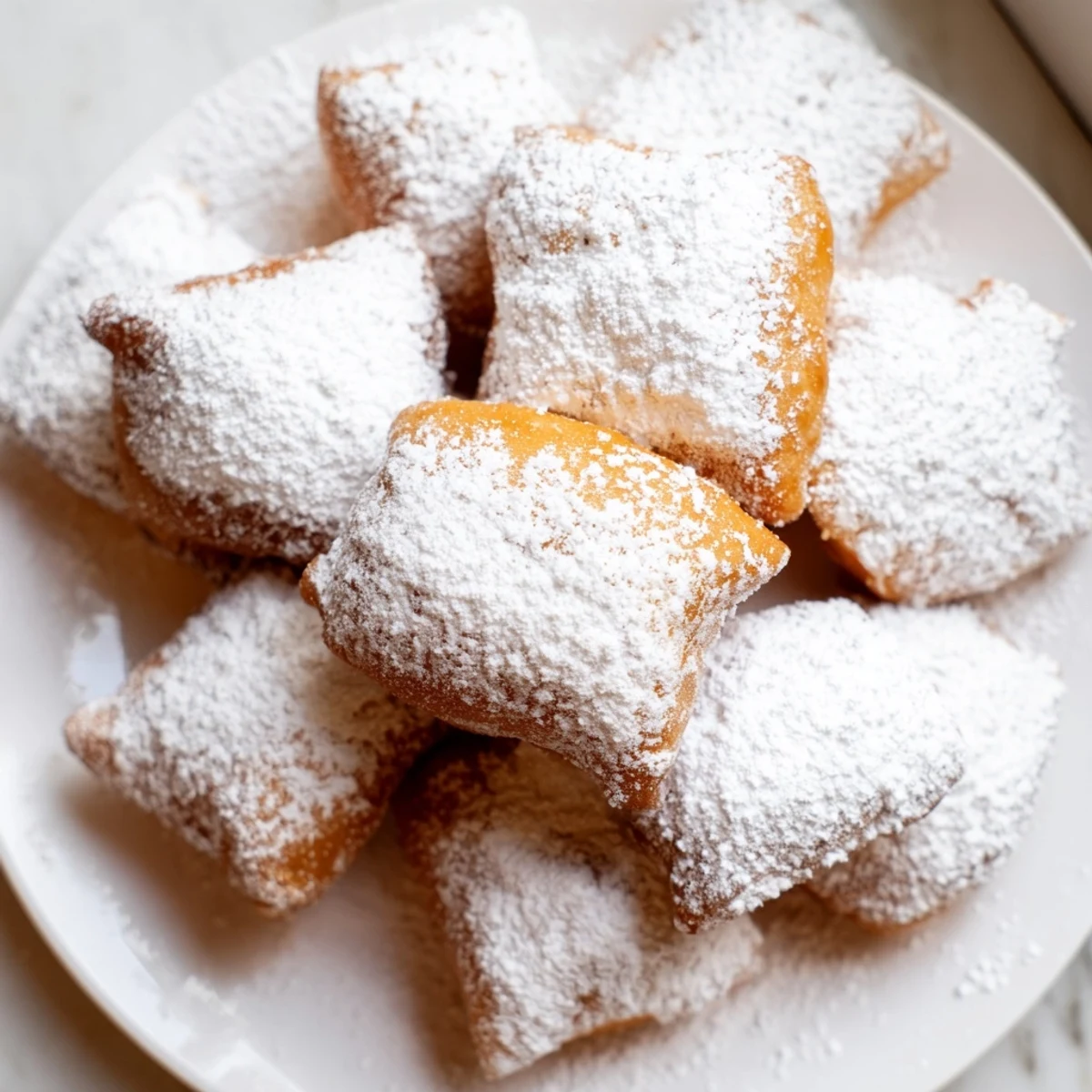 Hot, puffy beignets cooling slightly before a generous powdered sugar topping, ready for a classic New Orleans treat.